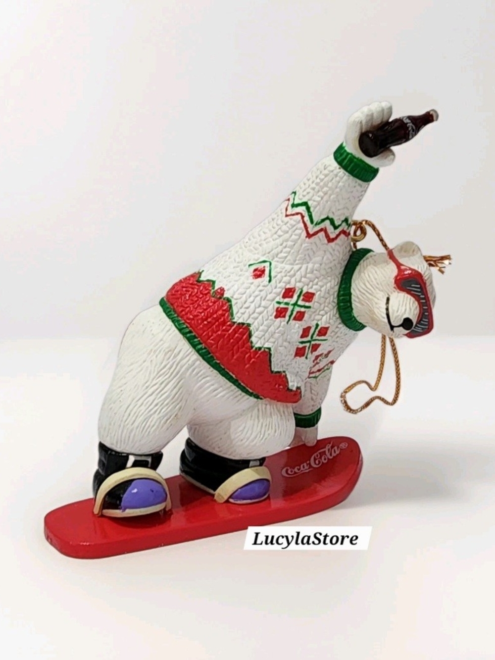 1995 Coca Cola Polar Bear Collection Snow Boardin Bear Christmas Ornament in Box